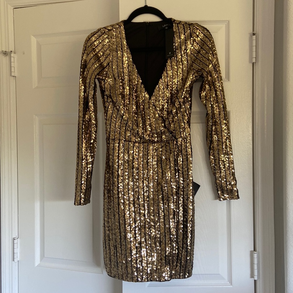 Lulus Party Starts Now Gold Sequin Long Sleeve Tulip Mini Dress